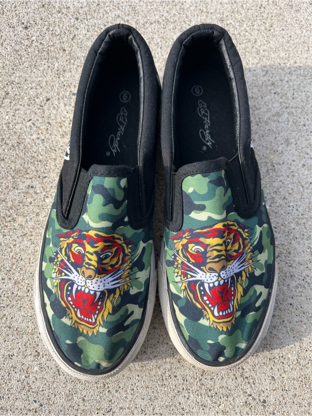 Ed Hardy Green Camo Slip-On Flats with Roaring Tiger Graphic Vintage Y2K